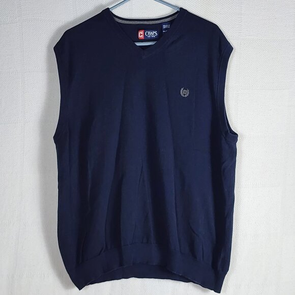 Chaps Navy Blue Grey Logo 100 Cotton V-Neck Sleeveless Sweater Vest Size XXL - Picture 1 of 16